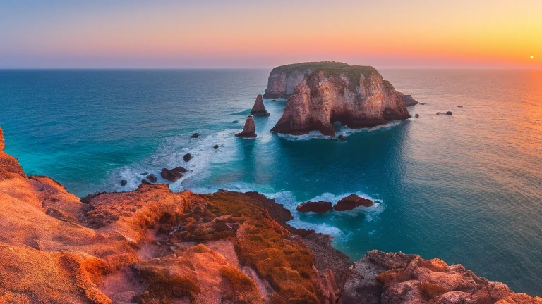 (best quality,4k,8k,highres,masterpiece:1.2),ultra-detailed,(realistic,photorealistic,photo-realistic:1.37),sunset,vibrant sunset colors,panoramic view,ocean shore,rocky reefs,cliffs,rock formations,realistic,colorful,wide-angle lens,night shot,positive film,naturalistic style,high definition photography