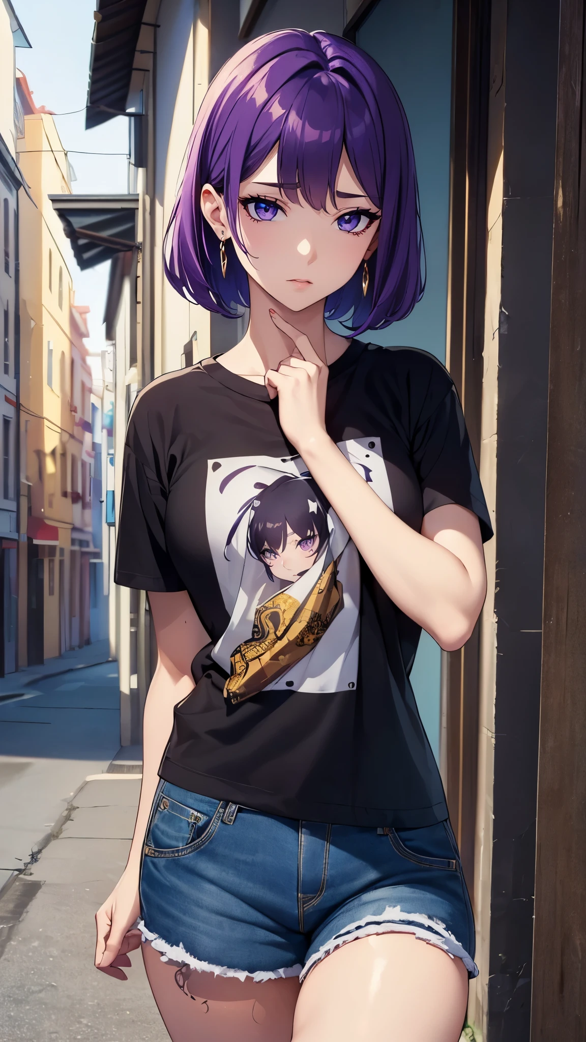 ((8K resolution))、((highest quality))、((masterpiece))、((Super detailed))((((dramatic))), (anatomically correct)、Depth of object being written、look at the camera、one person、one personのJK、front、Narrow frame, elegant posture, thin fingers, Willow-like limbs, Great presence,(undercut hairstyle)、gold earrings、purple eyes、tattoo、(T-shirt、shorts)、(theme、whole body:1.1), ネオンpunkスタイル、punk、alley、date