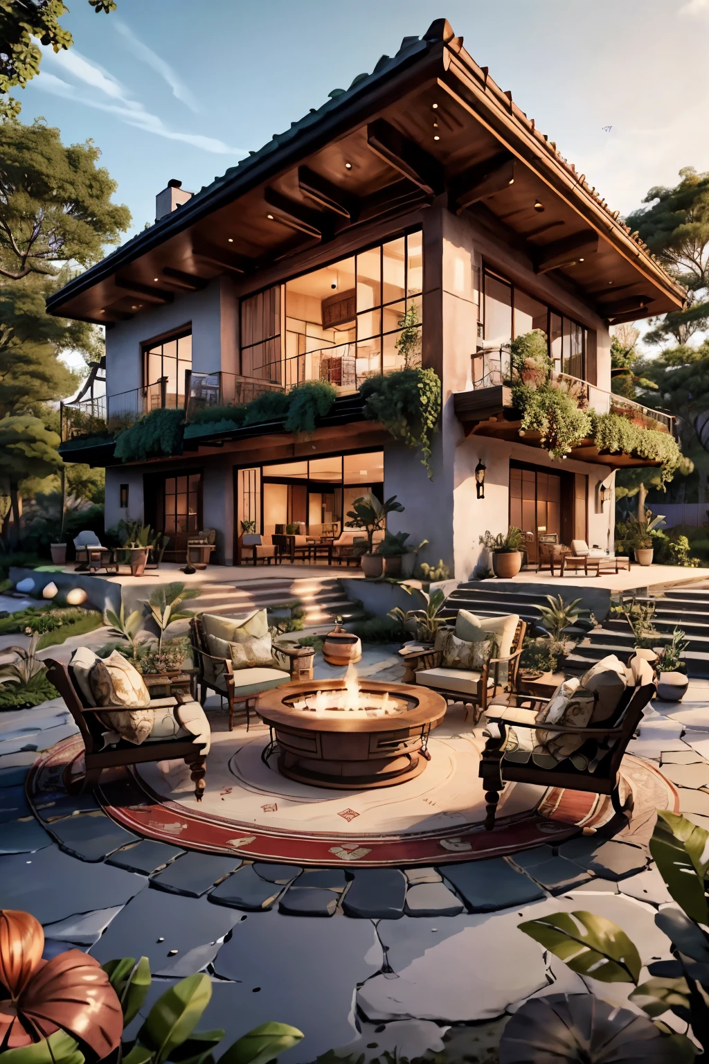 House with a spacious outdoor living room, furnished with comfortable furniture and ethnic decorations that create a cozy and warm atmosphere.
Further description: The house boasts a spacious outdoor living room, perfect for relaxation and entertaining guests. The inviting space is furnished with plush sofas and armchairs, their colors blending harmoniously with the earthy tones of the ethnic decorations. The room is adorned with potted plants, hanging lanterns, and intricate tapestries. A large, round table in the center invites guests to gather for meals or engaging conversations. A built-in fireplace crackles with warmth, spreading coziness on cool evenings. The