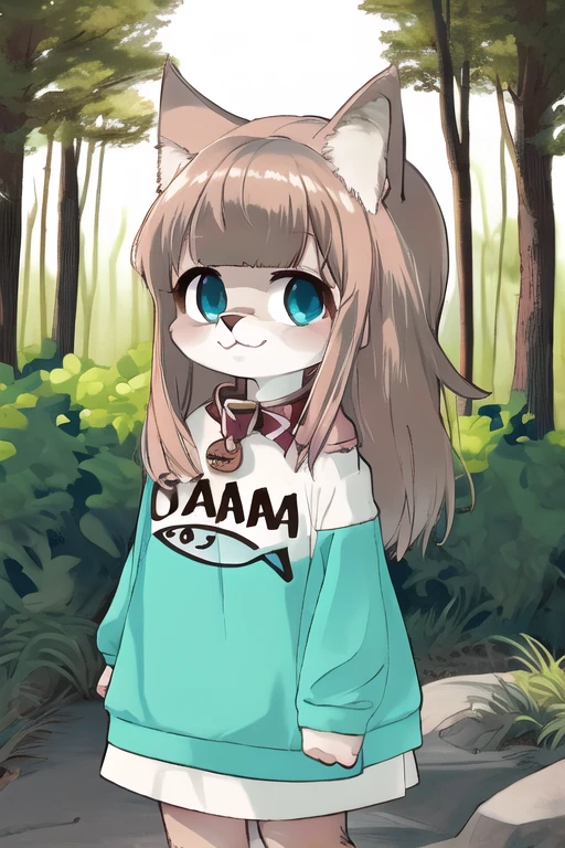 furry,cute girl,chibi,cat ears,black hair, red dress,sleveless,strapless,midriff,white skin,purple eyes, in forest,looking at viewer,smile,closed mouth,flowers,slightly above,