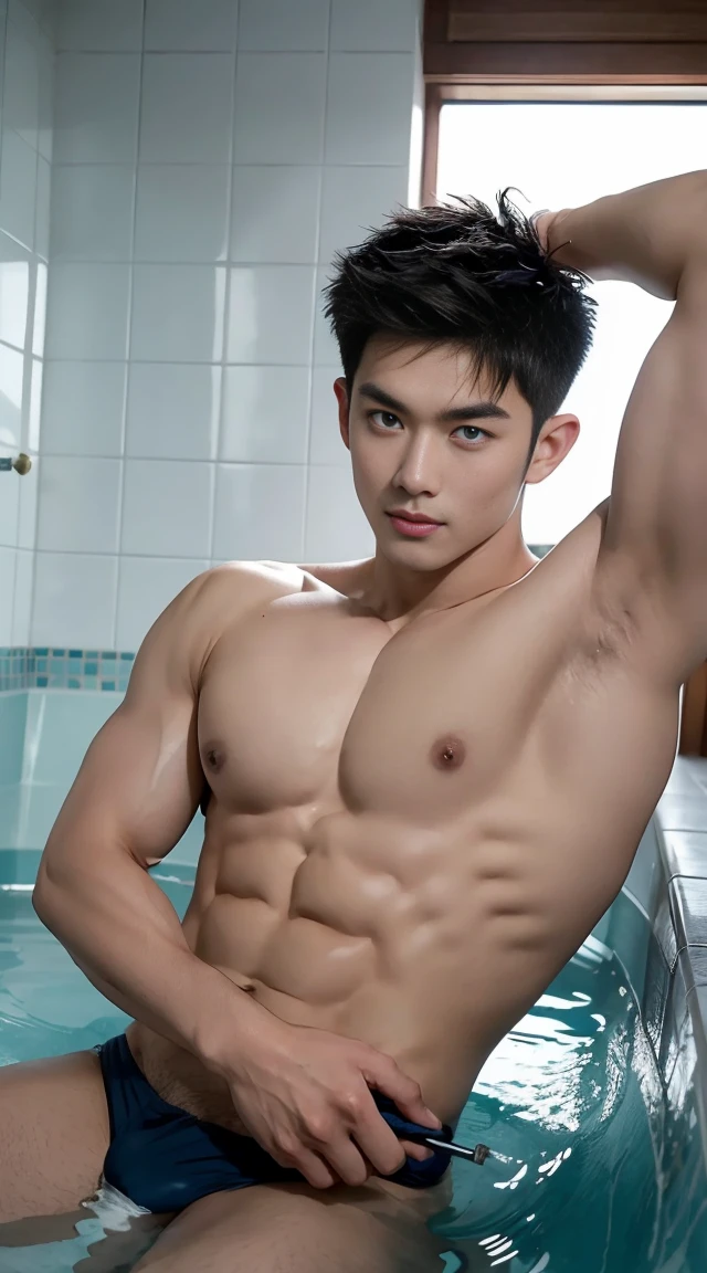super wide angle,asian male model, big muscles, Full chest muscles,Sexy and charming expression,blue eyes,Handsome, cool, Hair combed smoothly, piercing ears,naked,Wear sexy tongs,Big bag highlights, image, modeling, dynamic poses, Tsinghua University male student bathhouse, bath,Perfect hand details