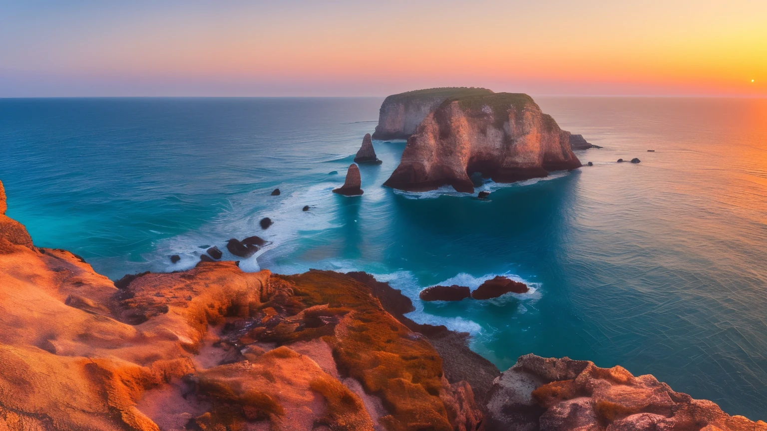 (best quality,4k,8k,highres,masterpiece:1.2),ultra-detailed,(realistic,photorealistic,photo-realistic:1.37),sunset,vibrant sunset colors,panoramic view,ocean shore,rocky reefs,cliffs,rock formations,realistic,colorful,wide-angle lens,night shot,positive film,naturalistic style,high definition photography