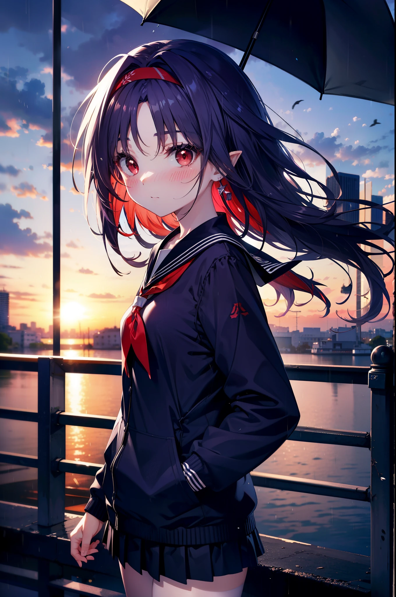 yuukikonno, Yuki Konno, hair band, long hair, pointed ears, purple hair,blush, embarrassing,(red eyes:1.5), (small breasts:1.2),high school girl uniform(purple sailor suit),Purple pleated skirt,white tights,brown loafers,rain,cloudy,umbrella,evening,
break looking at viewer, Upper body, full body,
break outdoors, In town,building street,
break (masterpiece:1.2), highest quality, High resolution, unity 8k wallpaper, (figure:0.8), (detailed and beautiful eyes:1.6), highly detailed face, perfect lighting, Very detailed CG, (perfect hands, perfect anatomy),
