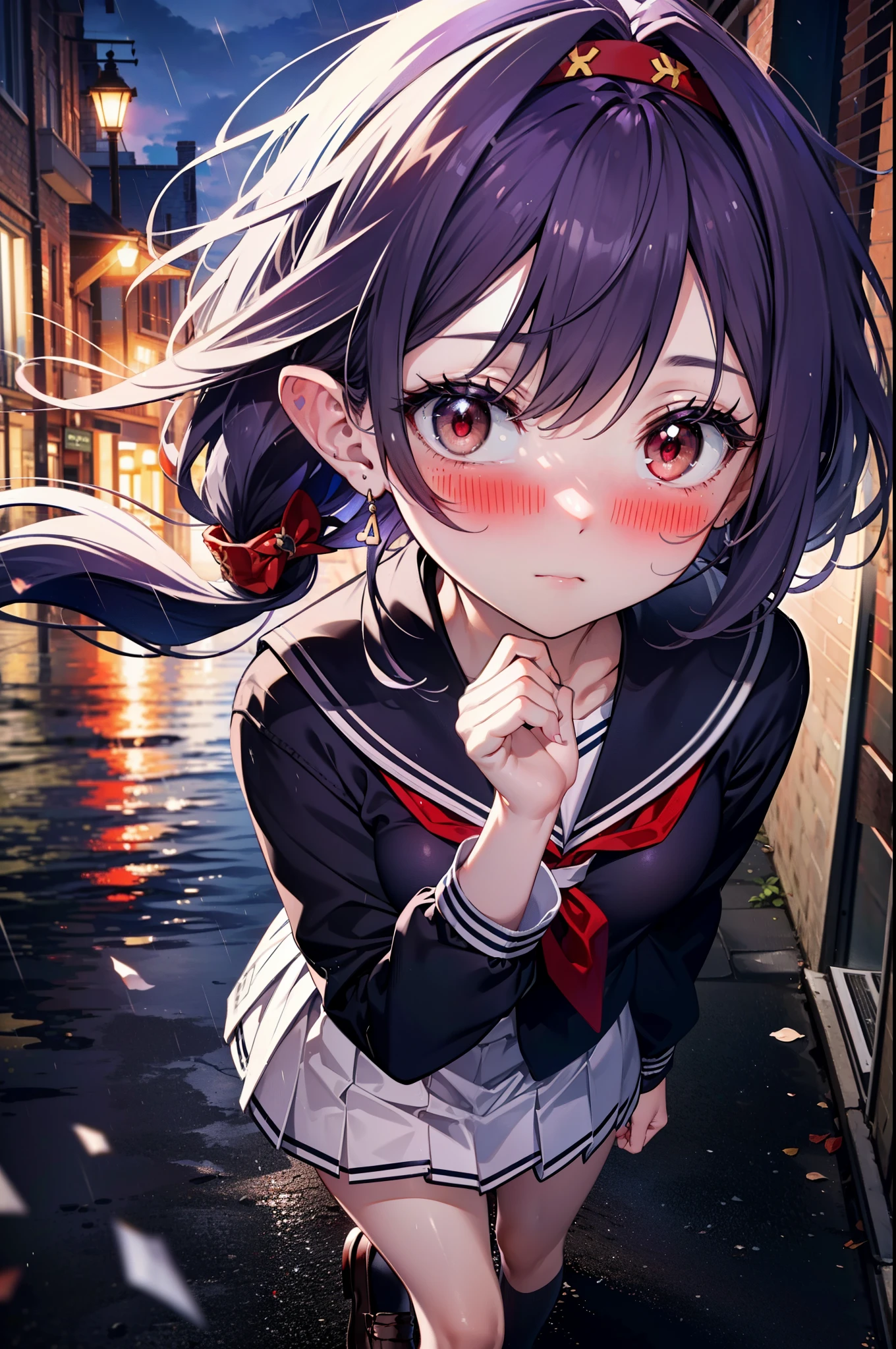 yuukikonno, Yuki Konno, hair band, long hair, pointed ears, purple hair,blush, embarrassing,(red eyes:1.5), (small breasts:1.2),high school girl uniform(purple sailor suit),Purple pleated skirt,white tights,brown loafers,rain,cloudy,umbrella,
break looking at viewer, Upper body, full body,
break outdoors, In town,building street,
break (masterpiece:1.2), highest quality, High resolution, unity 8k wallpaper, (figure:0.8), (detailed and beautiful eyes:1.6), highly detailed face, perfect lighting, Very detailed CG, (perfect hands, perfect anatomy),