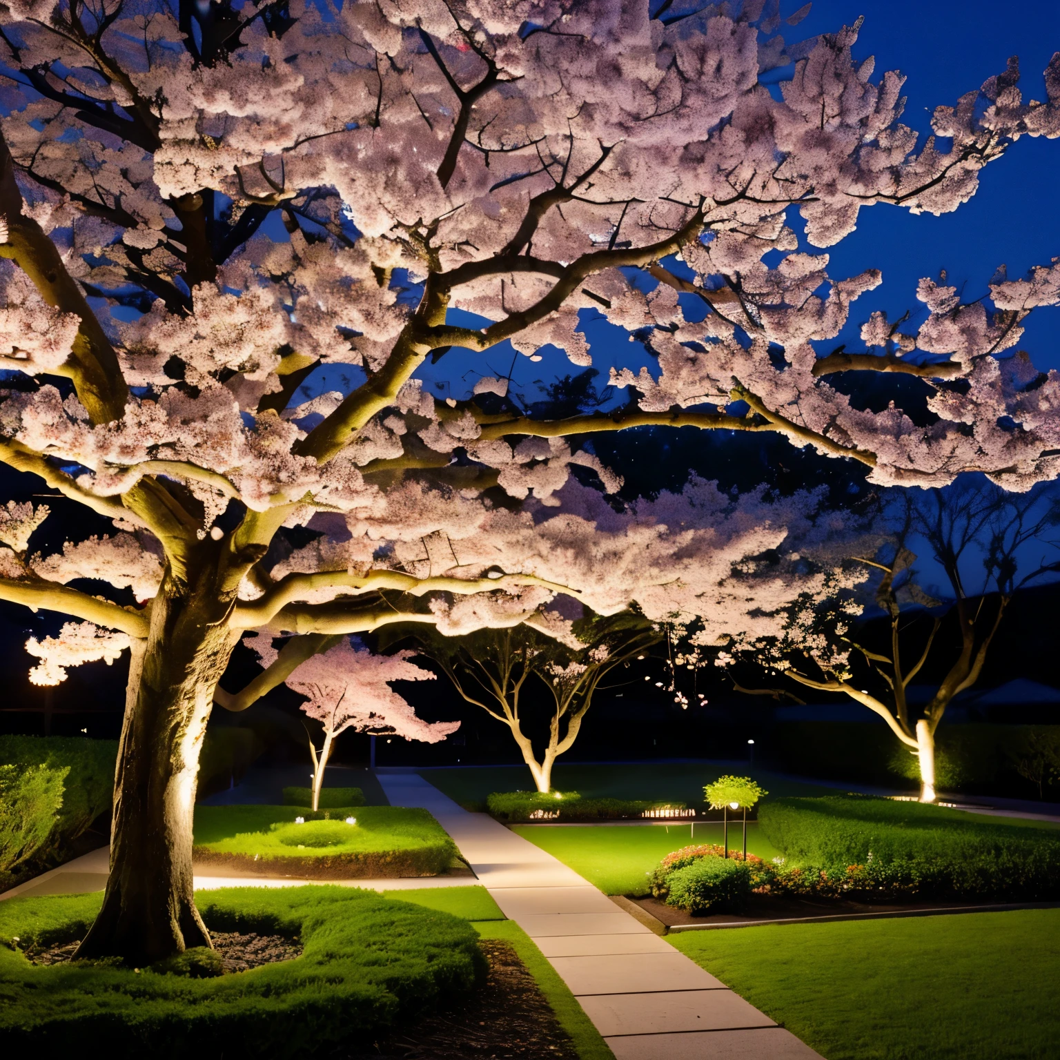 Japanese Garden at Night A large cherry tree illuminated by the moon A lot of cherry blossom petals falling