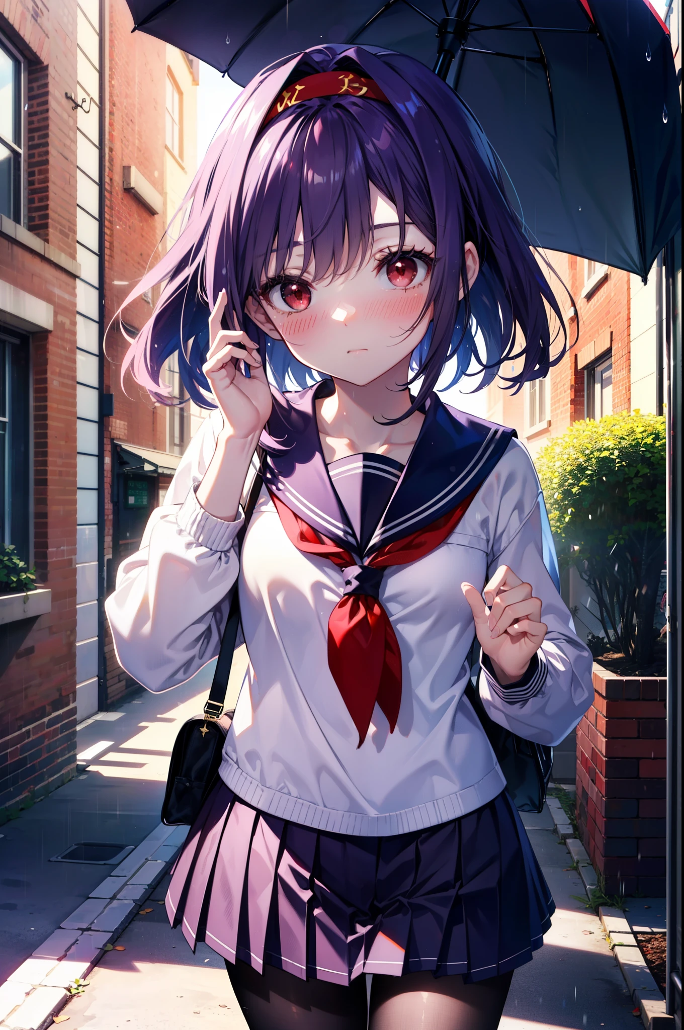 yuukikonno, Yuki Konno, hair band, long hair, pointed ears, purple hair,blush, embarrassing,(red eyes:1.5), (small breasts:1.2),high school girl uniform(purple sailor suit),Purple pleated skirt,white tights,brown loafers,rain,cloudy,umbrella,
break looking at viewer, Upper body, full body,
break outdoors, In town,building street,
break (masterpiece:1.2), highest quality, High resolution, unity 8k wallpaper, (figure:0.8), (detailed and beautiful eyes:1.6), highly detailed face, perfect lighting, Very detailed CG, (perfect hands, perfect anatomy),