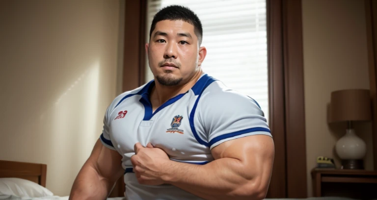 kissing, inside bed room, facing each other, (rugby uniform:1.2), Japanese man, Chinese man, Korean man, Taiwanese man, manly face, round face, monolid eyes, (buzz cut:1.0), very large and strong body, bulging muscles, very large pectoral muscles, muscular arms, muscular abs, muscular legs, muscular back, brightens oily skin, master piece, realistic, panorama, distant view