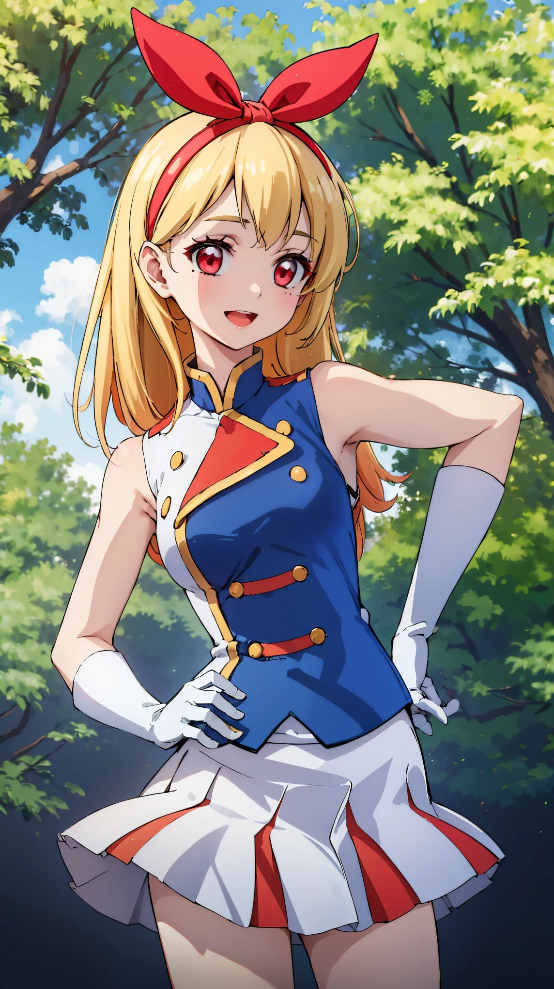 (red ribbon on hairband:1.2),masterpiece, best quality, highres, 1girl, solo, Blonde hair, RED eyes, mole under eye, band uniform, sleeveless, white gloves, pleated skirt, knee boots, cowboy shot, hand on hip, smile, open mouth, outdoors