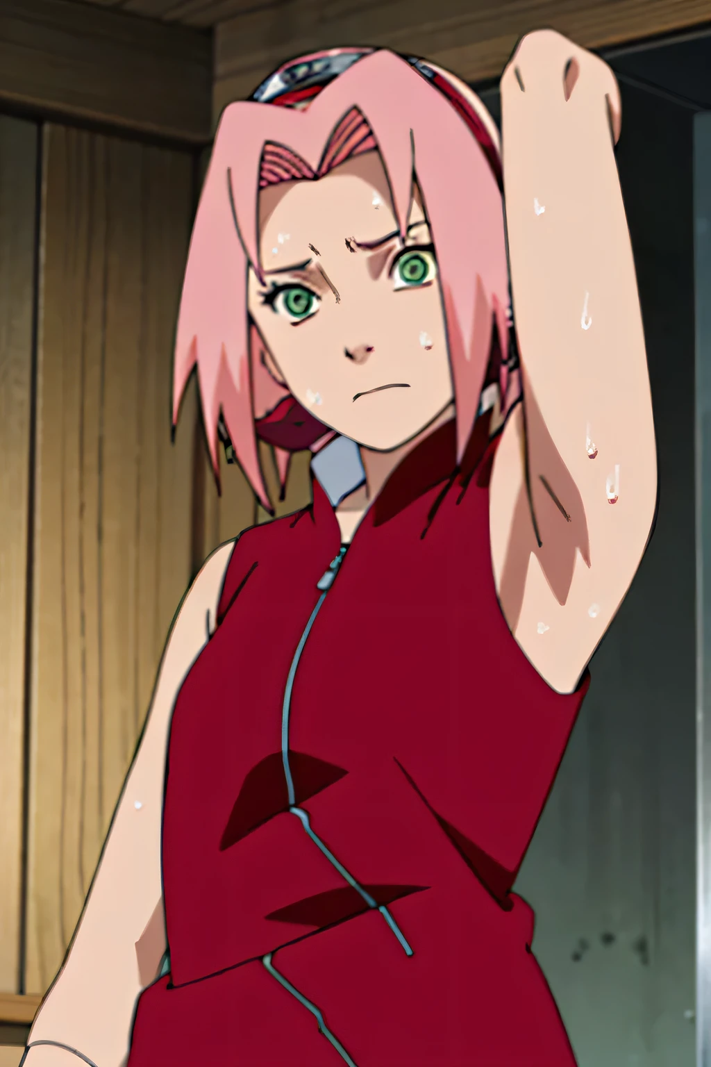 sakura haruno, sleeveless, red jacket, forehead protector, konohagakure symbol, arms behind head, armpits, showing armpits, posing, green eyes, perfect proportions, sakura shippuden, sweat armpit, armpit stubble, armpit small hairy, armpit stain on clothes