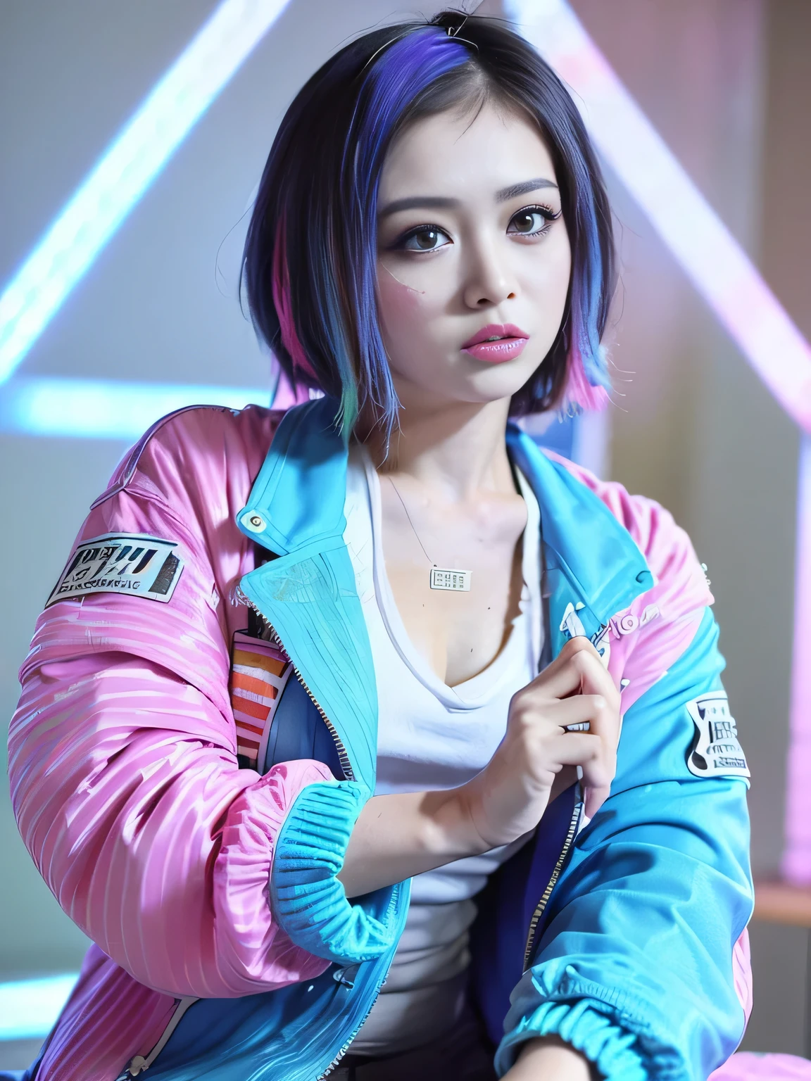 (best quality:2), (realistic, photo-realistic:2), (High-definition face drawing:1.3), (masterpiece:1.1), (full body:1.2), (in vaporwave style:1.3), (sexy pose:1.1), (squatting:1.1), (thicc:1.2), (blue eyes:1.3), (multicolored hair:1.2), (short hair:1), gal.safetensors, (colorful flowers:1.1), (fractal structure pattern:1.3), (cinematic natural light effects:1.2), (striped panties:1.1), (cyberpunk jacket:1.2), (Wear white and pink:1.1)