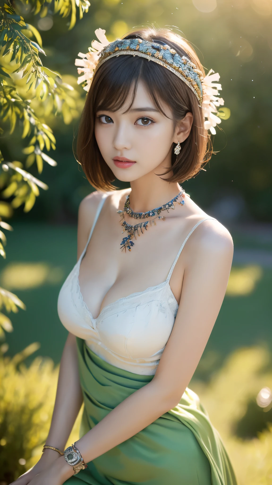 (((best quality, 8 thousand, masterpiece:1.4)), (20 year old woman), masterpiece, distinct, highres, high_quality, wide_shot, small_face, absurdly_short_hair, female, sagging_breasts, balancing, stretching, gentle_face, bare_shoulders, ((best quality)), ((masterpiece)), (detailed), perfect face, very big breasts, ultra high definition, 8k, perfect body, hud, Ergonomic, slim legs, small face, long eyelashes, Sparkling lips, eye for detail, clean skin, blemish-free face, japanese beauties, 20 year old woman, 1 woman, Sexy pelvis, (Huge, saggy breasts), best quality, masterpiece, 1 woman, (폴카 도트 dress), (dress:1.5), headdress, necklace, (bijouterie:1.8), beautiful face, , Tyndall effect, realistic, rim lights, two tone lighting, (매우 detailed 피부:1.2), DSLR, (spread light:1.5) soft lighting, high quality, volumetric lighting, candid, in the garden, picture, high resolution, 4K, 8 thousand, bokeh,