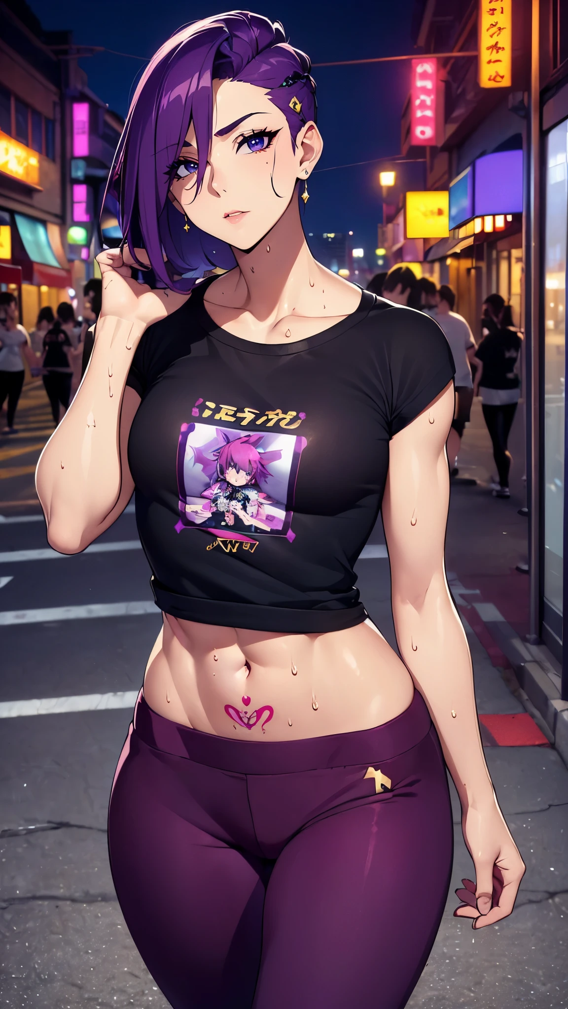 ((8K resolution))、((highest quality))、((masterpiece))、((Super detailed))((((dramatic))), (anatomically correct)、Depth of object being written、look at the camera、one person、one personの女性、front、Thin but muscular body, toned arms, long and thin legs, small breasts、Athletic Presence,(undercut hairstyle)、gold earrings、purple eyes、half closed eyes / Bad mood 、tattoo、(T-shirt、Sweat pants)、(theme、whole body:1.1), ネオンpunkスタイル、punk、サイバーpunk、(background:neon street、City of night)