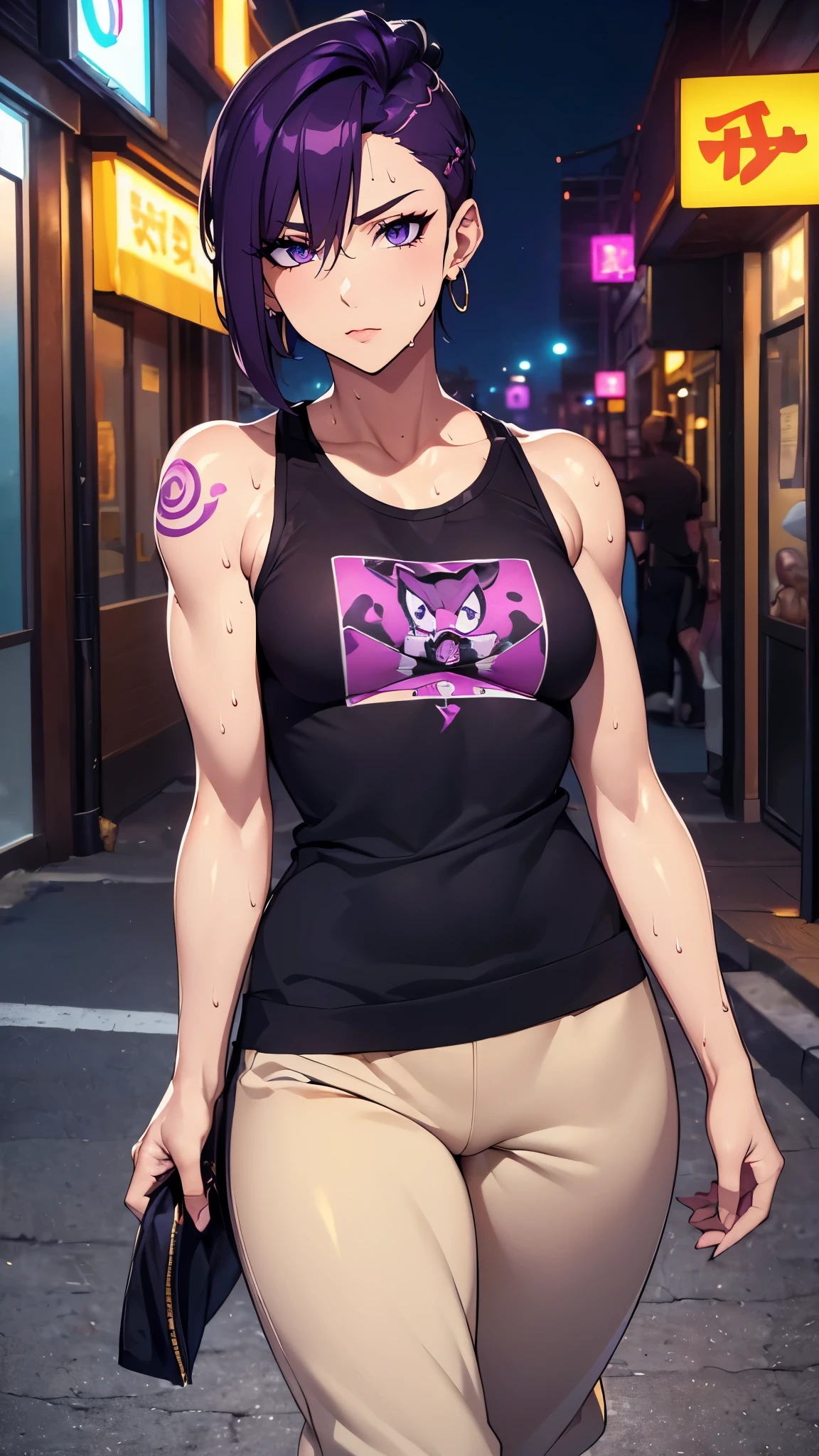 ((8K resolution))、((highest quality))、((masterpiece))、((Super detailed))((((dramatic))), (anatomically correct)、Depth of object being written、look at the camera、one person、one personの女性、front、Thin but muscular body, toned arms, long and thin legs, small breasts、Athletic Presence,(undercut hairstyle)、gold earrings、purple eyes、half closed eyes / Bad mood 、tattoo、(T-shirt、Sweat pants)、(theme、whole body:1.1), ネオンpunkスタイル、punk、サイバーpunk、(background:neon street、City of night)