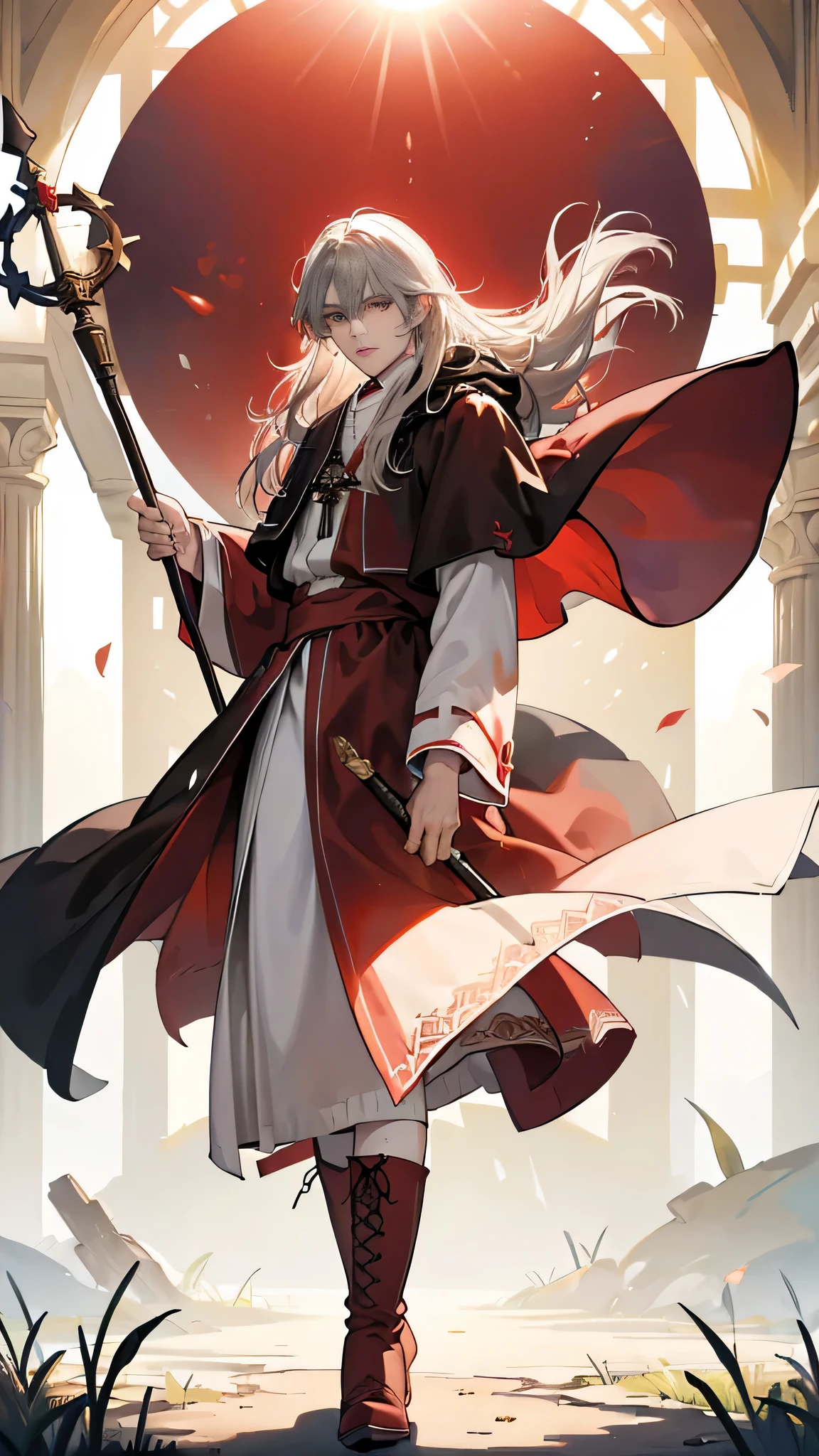 (((((male))))), masterpiece, ultra detailed, 8K Portrait, Raw photo, man's portrait photography, full body, Highly detailed face, ((Fantasy)), 83 years old, 1 man, white long wavy hair, beard, ((Priest)), wood necklace, clergy hat, (((long cloak))) fluttering in the wind, (((dark dull red oversized Priest robe))), (((low boots))), ((holding long wood staff)), In the garden of the medieval magic school, Midday Sun, Hyper realistic, Ambient lighting, Shadow details , Camera focus on face, strong breeze, Light fog