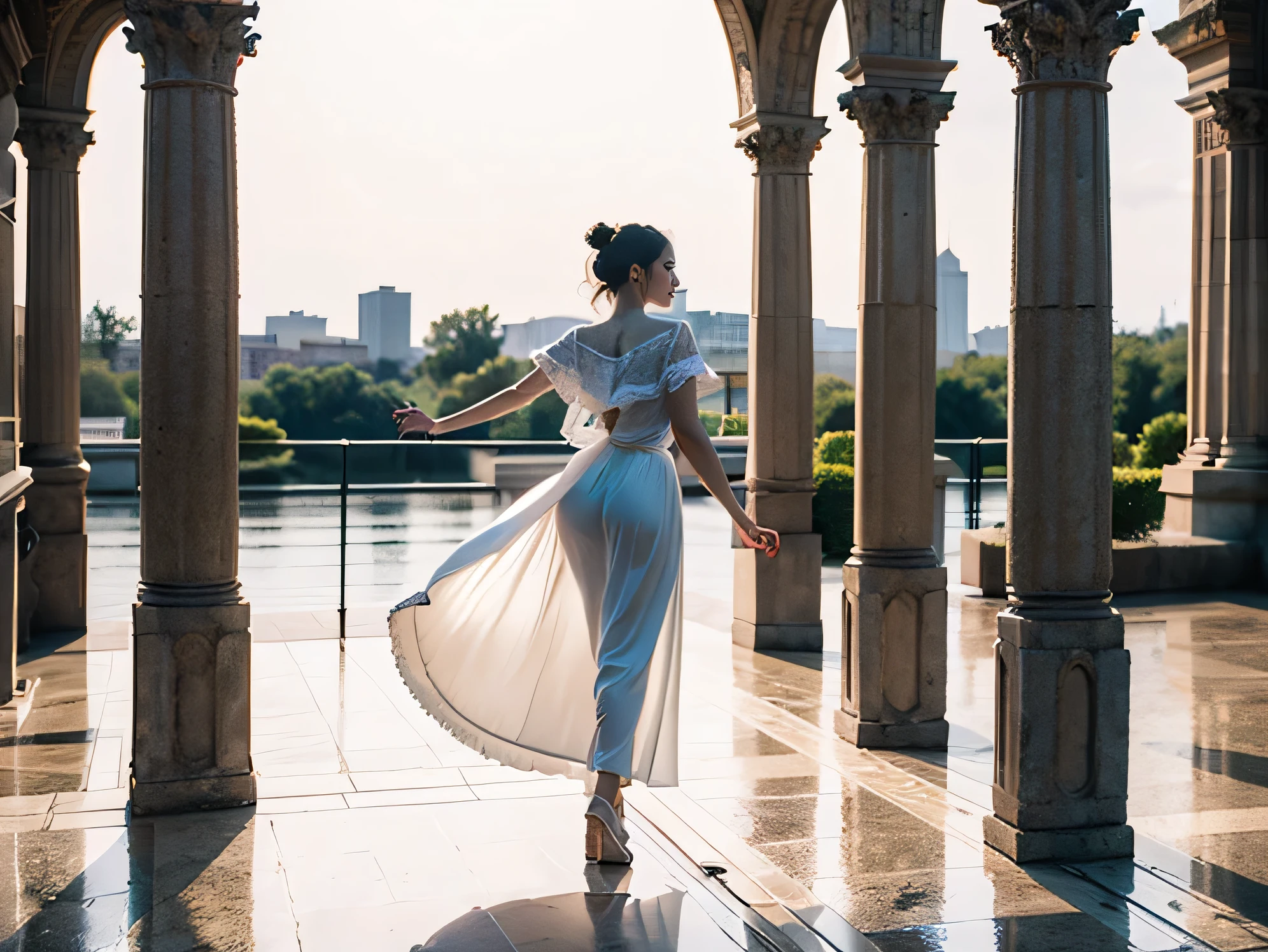 Portrait photography，Fashion，antiquity，classical（1girl1:1.4）,White long skirt。flowers，extremely detailed，（Joshua.Middleton Comic Art：1.1），（concreteism：1.2），Dramatic dance scene，（Super minimalist：1.5），colorful，The most meticulous，（masterpiece，top quality，best quality，official art，Beautiful River Aesthetics：1.2），Photorealism，high quality，real picture