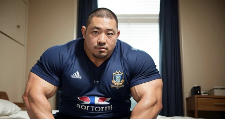 kissing, inside bed room, facing each other, (rugby uniform:1.2), Japanese man, Chinese man, Korean man, Taiwanese man, manly face, round face, monolid eyes, (buzz cut:1.0), very large and strong body, bulging muscles, very large pectoral muscles, muscular arms, muscular abs, muscular legs, muscular back, brightens oily skin, master piece, realistic, panorama, distant view