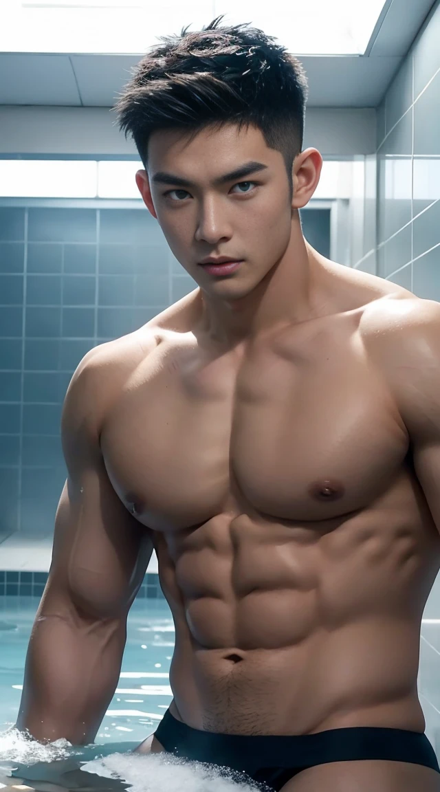 asian male model, big muscles, Full chest muscles，Sexy and charming expression，blue eyes，Handsome, cool, Hair combed smoothly, piercing ears,naked，Wear sexy tongs，Big bag highlights, image, modeling, dynamic poses, Tsinghua University male student bathhouse, bath，Perfect hand details