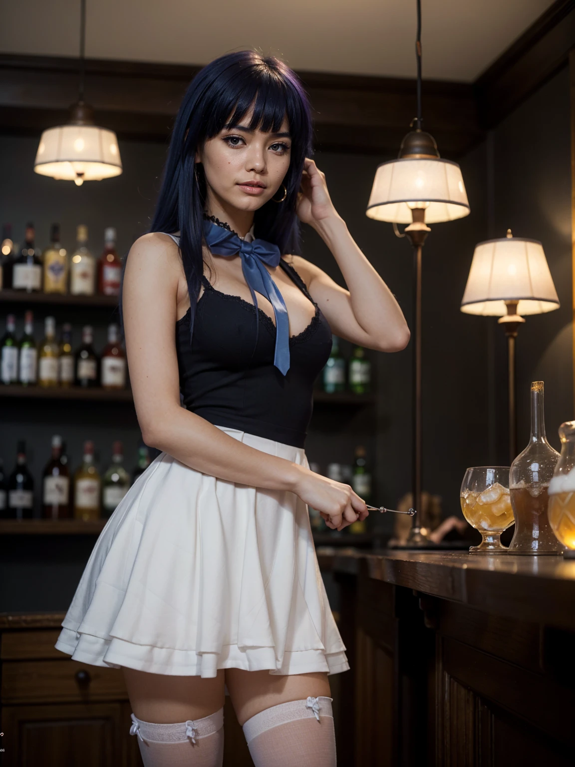 (1 lady), The beautiful, (Best quality at best:1.4), (ultra - detailed), (extremely detailed CG unified 16k), blue hair, very detailed, High-definition RAW color photo, professional photoshooting, amazing face and eyes, cosmetics, (amazingly beautiful girl), ((frederica bernkastel)), ((dress, tail bow, purple hair, bowtie, cat tail, socks)), standing, sexyposture,((pale skin, white skin, clear and well-cared skin)), (Dark and stylish bar, drinks, lamp lights, lamp lights:1.3), (look from down), realistic cinematic face, realistic purple eyes, solid pupils, head to feet long wide zoomed out view, full body long view , photorealistic, ((realistic deep blue hair style, honey eyes)), gorgeous, extremely beautiful face, perfect model beauty, pout mouth, flirting smile, cleavages, (masterpiece), best quality, high resolution, extremely detailed, blurred background, depth of field, cinematic lighting, amazing legs, high heels, a bit skinny