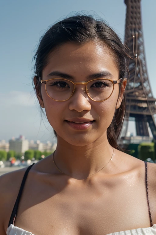 (8K, RAW photo, photorealistic:1.25), best quality, masterpiece, Close up shot, of a 25 year old, Indonesian young man, fit body trapezoid, white skin, oval shape, slick back hairstyle, wearing a black peci, wearing clear rectangle browline glasses, wearing a red luxurious Moslem elegant koko with excellent Complicated pattern, wearing a name tag that says "Gunawan", eye to camera, smiling face, in Front the Eiffel Tower, Eiffel Tower the background., realistic, hyperrealistic, photography, focus photo, deep focus, very detailed, Lifestyle photography, centered symmetrical composition, medium shot, eye level, high key lighting, bokeh effect, shot at eye level, on a Sony A7111, with a (soft focus filter:1.3),(in the style of Wes Anderson:1.3)