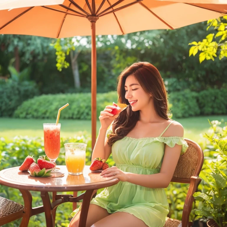 drinking strawberry-flavored beverage,relaxing in a lush garden,painted with vibrant colors,under the warm sunlight,feeling refreshed and joyful,evoking a sense of summer and happiness,with soft and delicate brushstrokes,showcasing the beauty and elegance of the woman,her flowing hair and radiant smile,creating a peaceful and tranquil atmosphere,emphasizing the richness and freshness of the strawberries,enhancing the taste and aroma of the beverage,with a touch of sweetness and tanginess,transporting the viewer to a blissful moment,celebrating the simple pleasures of life,illustrated in a lively and dynamic style,expressing the joy and vitality of the woman,enlightened by the vibrant colors and beautiful composition,illuminated by the golden glow of the sun,resulting in a masterpiece of art that captures the essence of summer and the enjoyment of a delightful beverage.