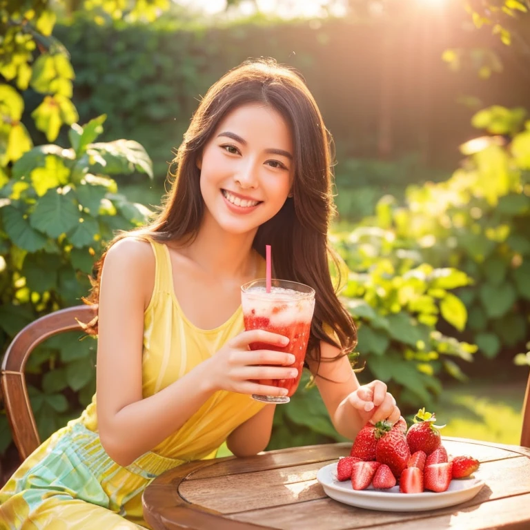 drinking strawberry-flavored beverage,relaxing in a lush garden,painted with vibrant colors,under the warm sunlight,feeling refreshed and joyful,evoking a sense of summer and happiness,with soft and delicate brushstrokes,showcasing the beauty and elegance of the woman,her flowing hair and radiant smile,creating a peaceful and tranquil atmosphere,emphasizing the richness and freshness of the strawberries,enhancing the taste and aroma of the beverage,with a touch of sweetness and tanginess,transporting the viewer to a blissful moment,celebrating the simple pleasures of life,illustrated in a lively and dynamic style,expressing the joy and vitality of the woman,enlightened by the vibrant colors and beautiful composition,illuminated by the golden glow of the sun,resulting in a masterpiece of art that captures the essence of summer and the enjoyment of a delightful beverage.
