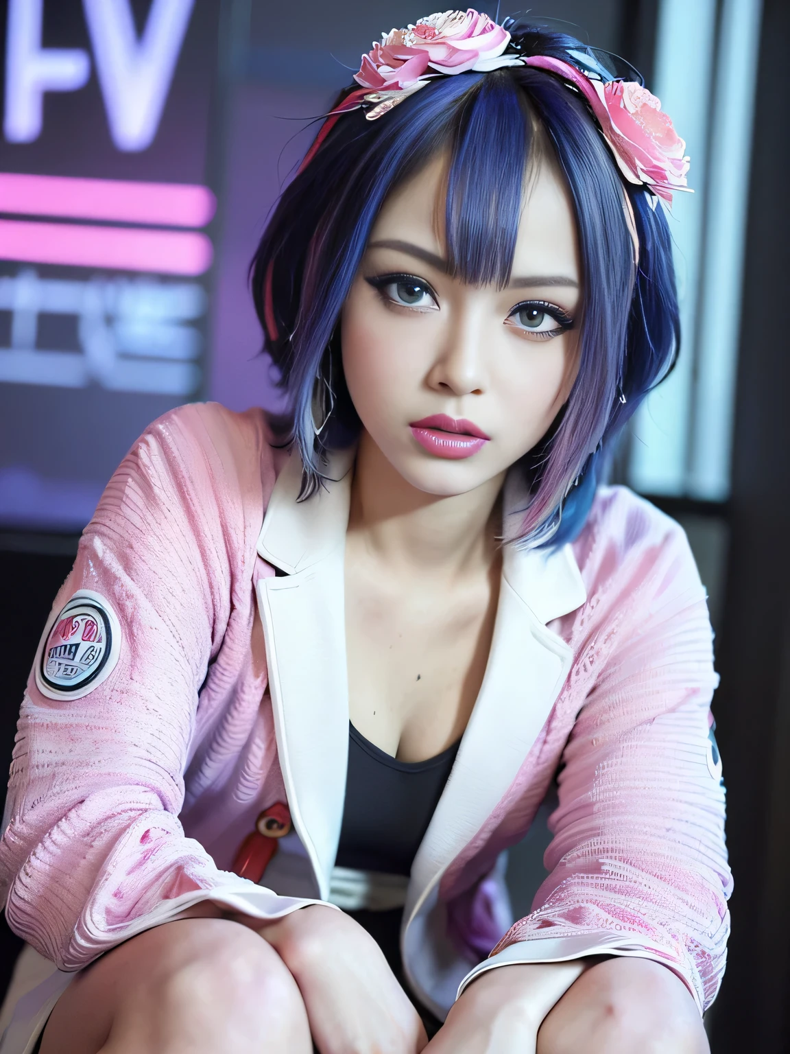 (best quality:2), (realistic, photo-realistic:2), (High-definition face drawing:1.3), (masterpiece:1.1), (full body:1.2), (in vaporwave style:1.3), (sexy pose:1.1), (squatting:1.1), (thicc:1.2), (blue eyes:1.3), (multicolored hair:1.2), (short hair:1), gal.safetensors, (colorful flowers:1.1), (fractal structure pattern:1.3), (cinematic natural light effects:1.2), (striped panties:1.1), (cyberpunk jacket:1.2), (Wear white and pink:1.1)