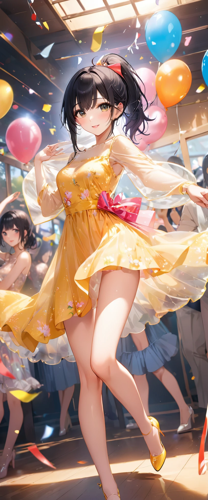 (masterpiece,highest quality,超A high resolution),japanese woman, (((Very beautiful 25 year old girl))), pretty girl、look at the photographer、 ((beautiful low ponytail)), super cute face, glossy lips, double eyelids in both eyes,natural smile、 natural makeup, long eyelashes, Shiny and smooth hair、, perfect limbs, perfect anatomy,(((party dress))、party venue,Pose with movement,black hair,See-through