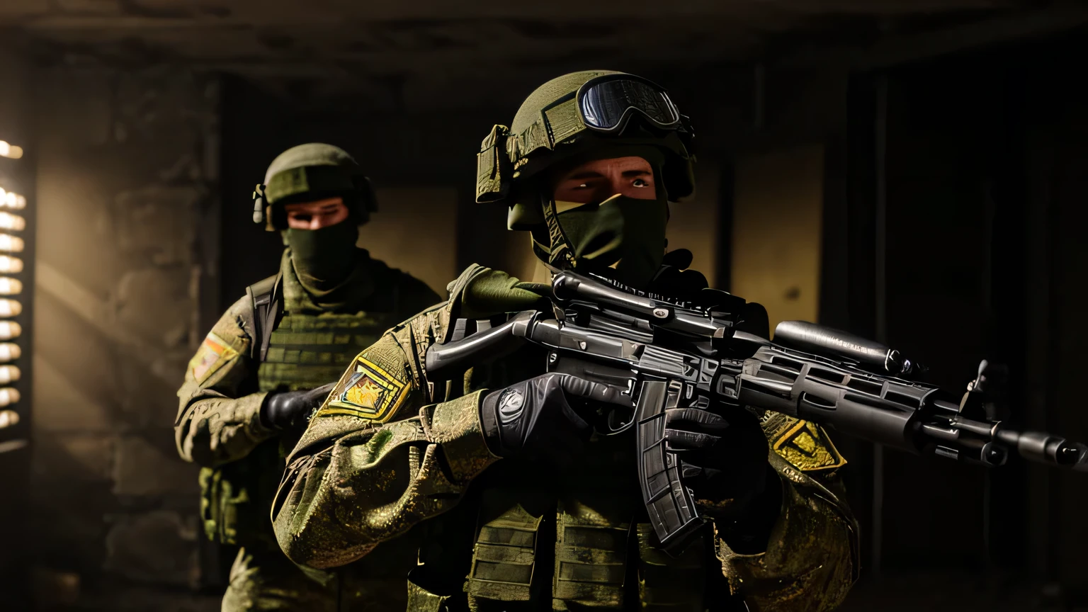 some arafed soldiers with gun in a dark room, rb 6 s, rb6s, cs:go screenshot, rb6s), fps shooter game, counter strike, fps game, masterpice, 3 soldiers aiming a gun, spec ops mask, muzzle flash, warzone background, 4k post, 4 k post, hq 4k wallpaper Soldier with dark yellow uniform and rifle, ruined background, realistic, stylish, goatee, brown hair, buzz hair, cigarette in mouth, tactical vest, intricate details, hyperdetailed, ((cinematic)), rim light, danger atmosphere