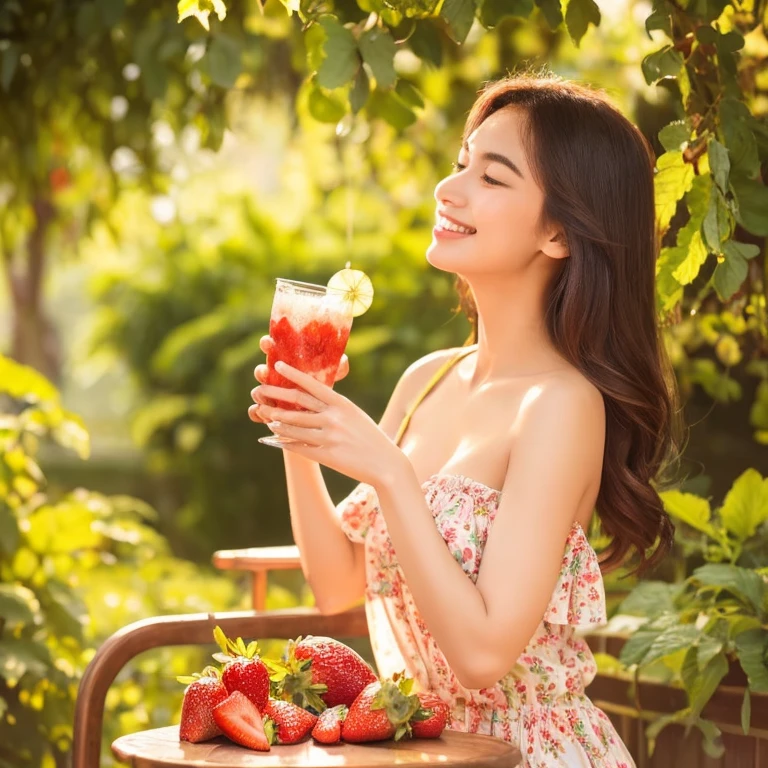 drinking strawberry-flavored beverage,relaxing in a lush garden,painted with vibrant colors,under the warm sunlight,feeling refreshed and joyful,evoking a sense of summer and happiness,with soft and delicate brushstrokes,showcasing the beauty and elegance of the woman,her flowing hair and radiant smile,creating a peaceful and tranquil atmosphere,emphasizing the richness and freshness of the strawberries,enhancing the taste and aroma of the beverage,with a touch of sweetness and tanginess,transporting the viewer to a blissful moment,celebrating the simple pleasures of life,illustrated in a lively and dynamic style,expressing the joy and vitality of the woman,enlightened by the vibrant colors and beautiful composition,illuminated by the golden glow of the sun,resulting in a masterpiece of art that captures the essence of summer and the enjoyment of a delightful beverage.
