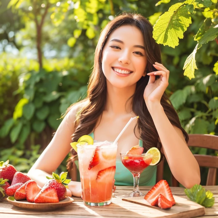 drinking strawberry-flavored beverage,relaxing in a lush garden,painted with vibrant colors,under the warm sunlight,feeling refreshed and joyful,evoking a sense of summer and happiness,with soft and delicate brushstrokes,showcasing the beauty and elegance of the woman,her flowing hair and radiant smile,creating a peaceful and tranquil atmosphere,emphasizing the richness and freshness of the strawberries,enhancing the taste and aroma of the beverage,with a touch of sweetness and tanginess,transporting the viewer to a blissful moment,celebrating the simple pleasures of life,illustrated in a lively and dynamic style,expressing the joy and vitality of the woman,enlightened by the vibrant colors and beautiful composition,illuminated by the golden glow of the sun,resulting in a masterpiece of art that captures the essence of summer and the enjoyment of a delightful beverage.