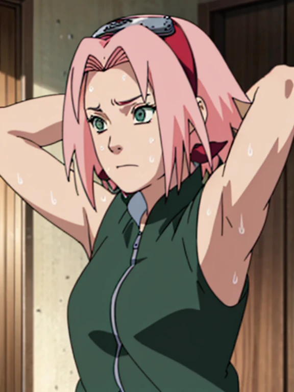 sakura haruno, sleeveless, red jacket, forehead protector, konohagakure symbol, arms behind head, armpits, showing armpits, posing, green eyes, perfect proportions, sakura shippuden, sweat armpit, stubble, sweat stain