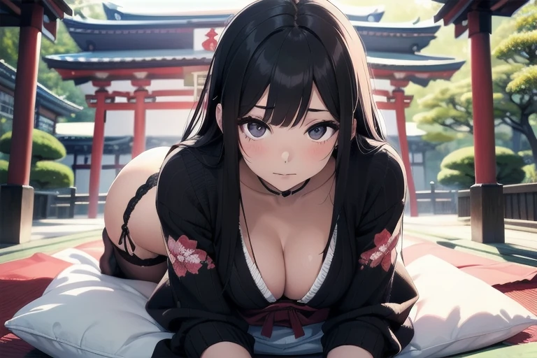 1girl, anime, black eyes, long black hair with square bangs, very long black hair, super long black hair, skirt and stockings, (((stockings))), heels, black Japanese style kimono mixed with ribbed black sweater with red accents and sakura floral design, ((ribbed black sweater)) adult, (((Japanese shrine/temple background))), kimono sleeves, garter, graceful, laying on bed sideways, POV view, 1st person view, close, POV, pillow