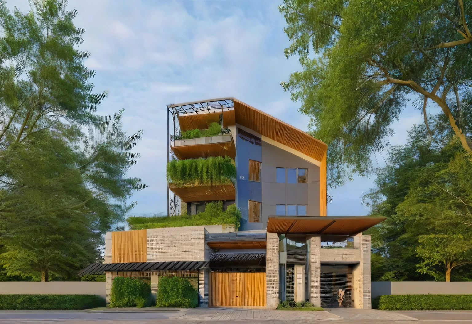 Raw photo,Masterpiece, high quality, best quality, authentic, super detail,
exterior, outdoors, house style modern on the street , curved arch, glass windows, gate, wooden ceiling,
road,pavement, grass, trees, sky, cloud, (day:1.1), vivid colour,