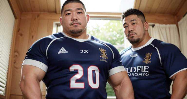 kissing, inside bed room, facing each other, (rugby uniform:1.2), Japanese man, Chinese man, Korean man, Taiwanese man, manly face, round face, monolid eyes, (buzz cut:1.0), very large and strong body, bulging muscles, very large pectoral muscles, muscular arms, muscular abs, muscular legs, muscular back, brightens oily skin, master piece, realistic, panorama, distant view