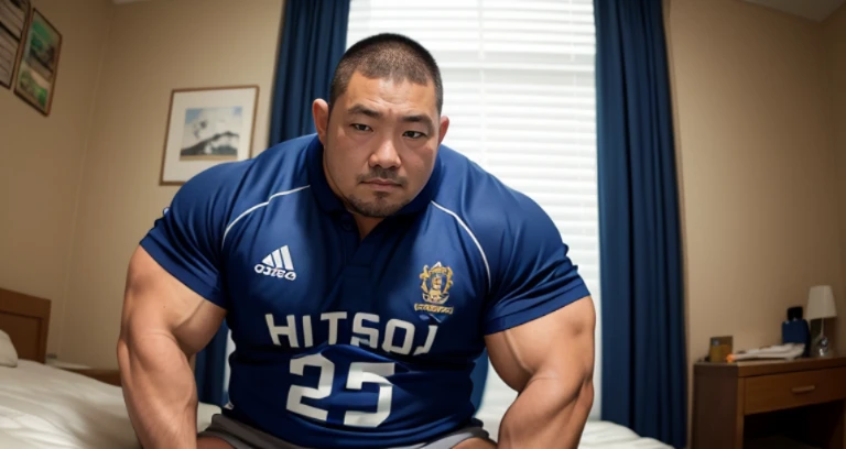 kissing, inside bed room, facing each other, (rugby uniform:1.2), Japanese man, Chinese man, Korean man, Taiwanese man, manly face, round face, monolid eyes, (buzz cut:1.0), very large and strong body, bulging muscles, very large pectoral muscles, muscular arms, muscular abs, muscular legs, muscular back, brightens oily skin, master piece, realistic, panorama, distant view