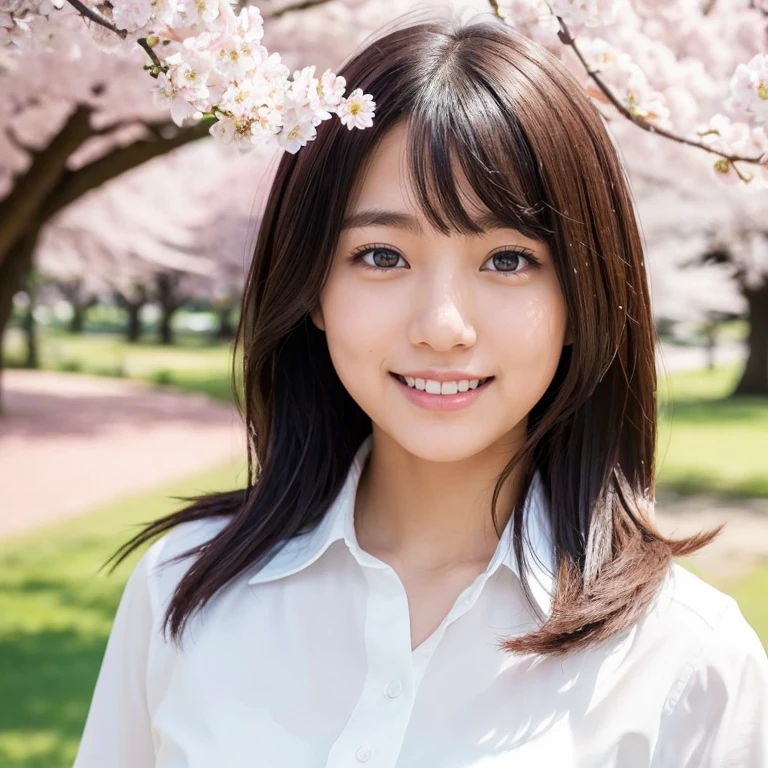 The eyes of a beautiful Japanese teenage girl wearing a white blouse, the uniform for girls assigned by her Japanese high school, look back at me through the cherry blossoms in full bloom and smile. Focal length 100mmf/2.8, spring daytime, slightly cloudy, cherry blossoms and lawns in full bloom in a park, well-shaped features, short hair, a great smile, a toned body, a white blouse that is the school girl's  specified by a Japanese high school, eyes Maximum close-up, realism, 8K image quality, highest quality.