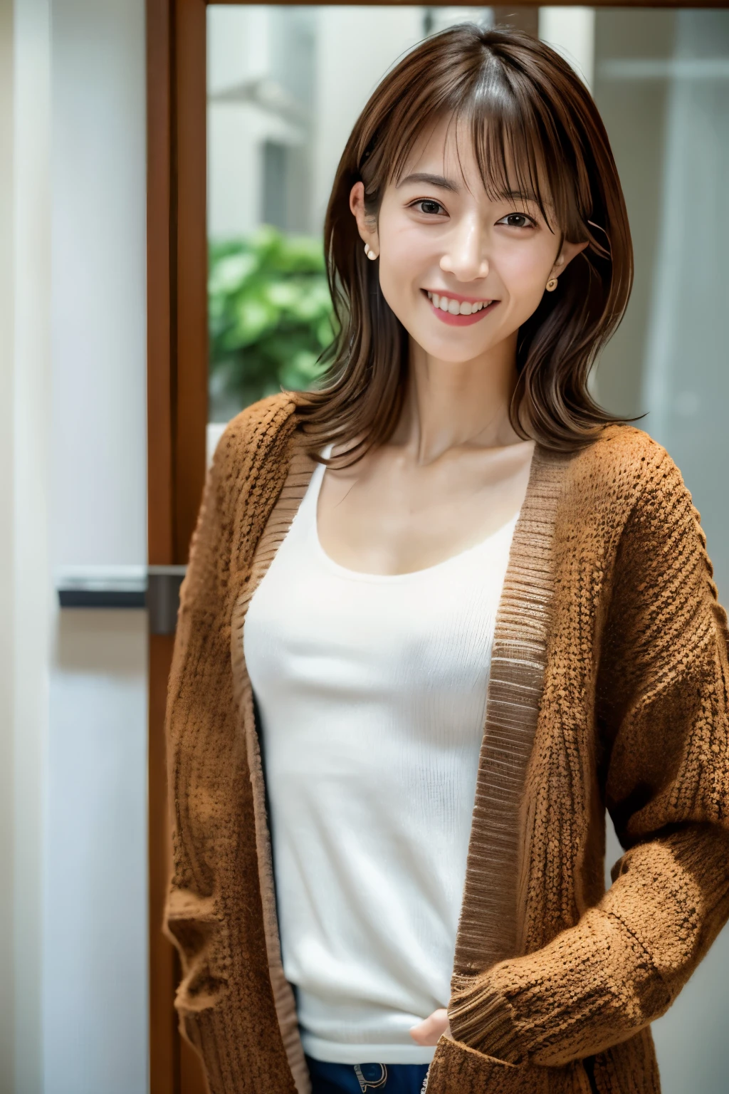 high quality, 8k, masterpiece, Photoreal, sharp focus, High resolution, portrait, alone, Skinny Japanese woman, 30 years old, apartment entrance, (((Take a full body photo))), (smile), mature woman, sweaty skin, ((brown hair)), ((camisole, knit cardigan)), small breasts, very thin waist, no makeup, Detailed face, Detailed eyes
