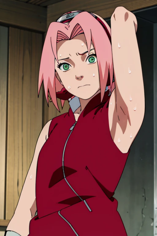 sakura haruno, sleeveless, red jacket, forehead protector, konohagakure symbol, arms behind head, armpits, showing armpits, posing, green eyes, perfect proportions, sakura shippuden, sweat armpit, armpit stubble, armpit small hairy, armpit stain on clothes