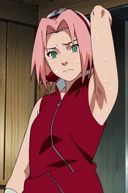 sakura haruno, sleeveless, red jacket, forehead protector, konohagakure symbol, arms behind head, armpits, showing armpits, posing, green eyes, perfect proportions, sakura shippuden, sweat armpit, armpit stubble, armpit small hairy, armpit stain on clothes