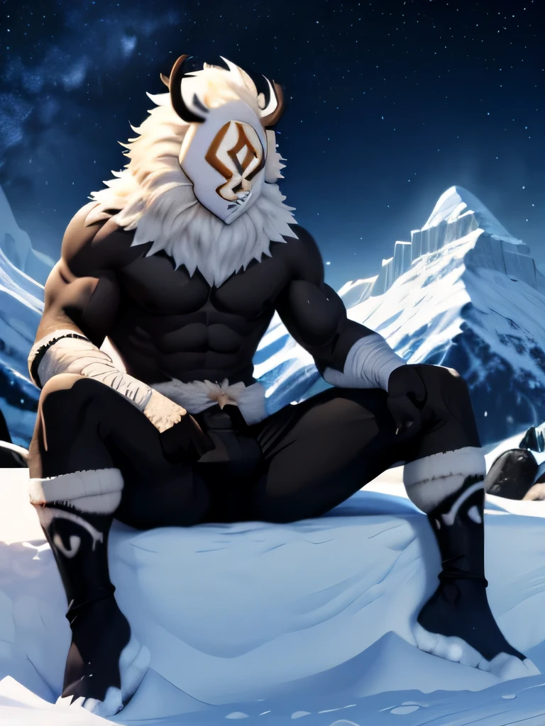 Hilichurl man, white mask, body hair, strong feets, foot fetish, feets, short black underwear, big bulge, Mountain scenery, body tattoo, snow, snowing, near the entrance of a cave, dark night, stars in the sky, showing feet, hairy body, shirtless, sitting on top of the snow.