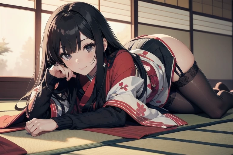 1girl, anime, black eyes, long black hair with square bangs, very long black hair, super long black hair, skirt and stockings, (((stockings))), heels, black Japanese style kimono mixed with ribbed black sweater with red accents and sakura floral design, ((ribbed black sweater)) adult, (((Japanese shoji panel walls and tatami flooring indoors))), kimono sleeves, garter, graceful, laying on bed sideways, POV view, 1st person view, close, POV, pillow, traditional bed