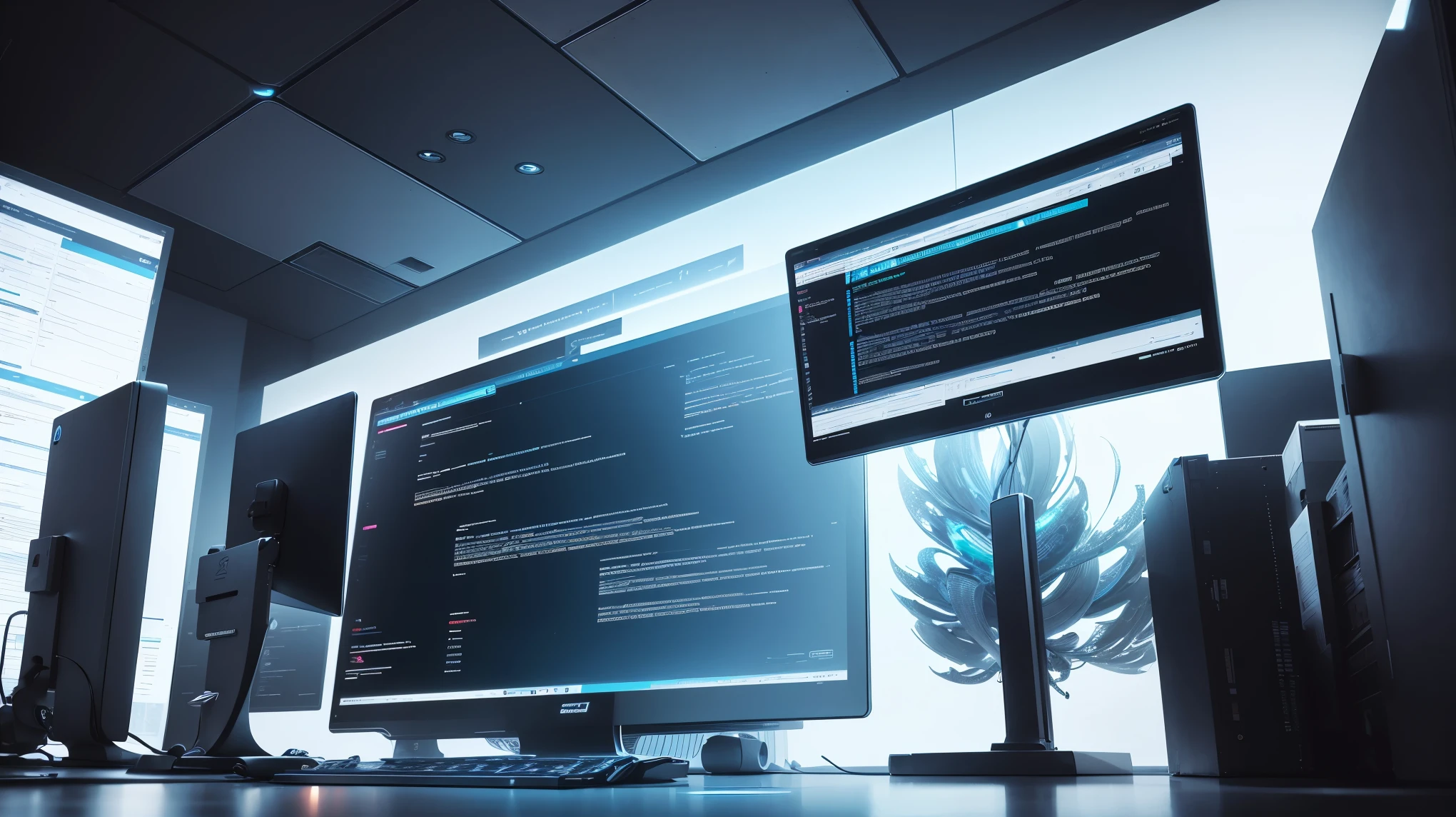 a futuristic image with the words "Software Website Application Testing" written on it,high-tech materials, holographic technology, advanced interface design, professional workspace, sleek and clean lines, vibrant colors, minimalistic style, dynamic lighting, intricate details,banner image,