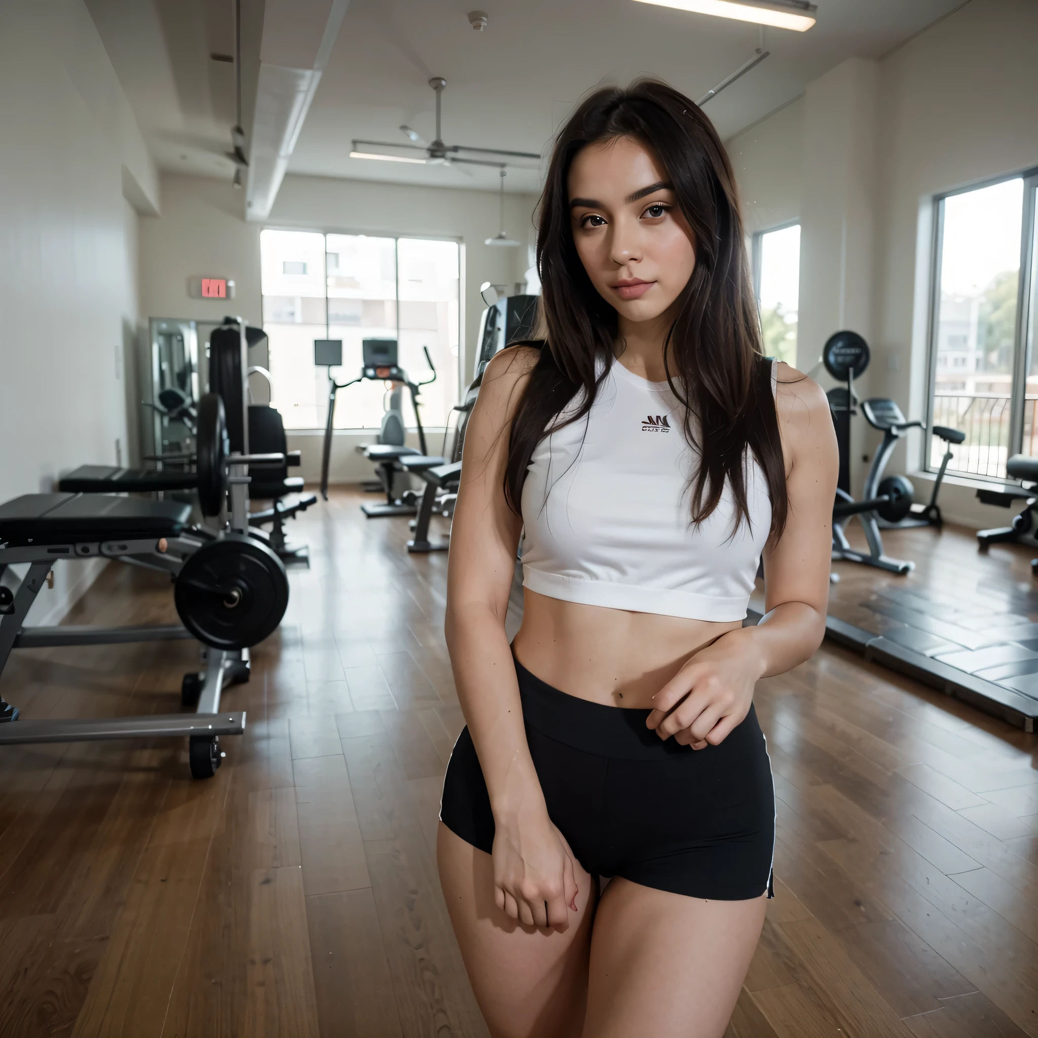 Portrait of Attractive and beautiful influencer standing posing like someone capturing, in gym 