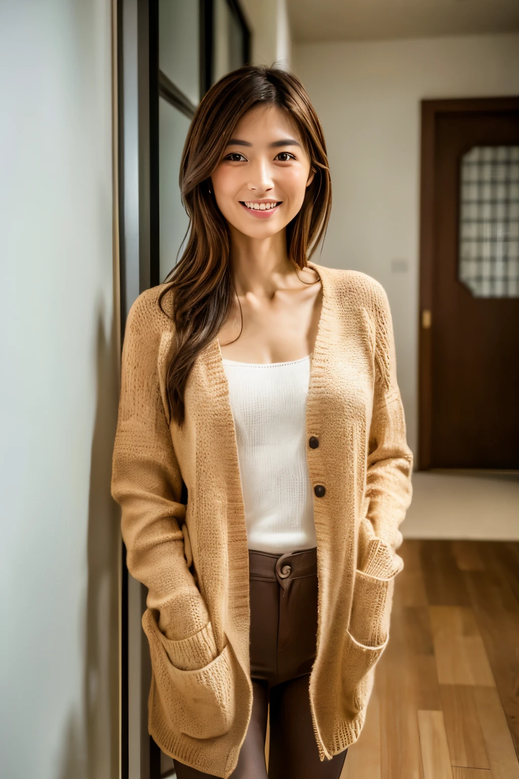 high quality, 8k, masterpiece, Photoreal, sharp focus, High resolution, portrait, alone, Skinny Japanese woman, 30 years old, apartment entrance, (((Take a full body photo))), (smile), cute face, sweaty skin, ((brown hair)), ((camisole, knit cardigan)), small breasts, very thin waist, no makeup, Detailed face, Detailed eyes