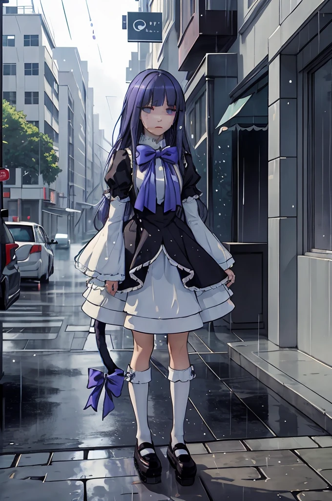 (masterpiece),best quality, frederica bernkastel,dress, tail bow, cat tail, bowtie, purple eyes, purple hair,mary janes, socks, blank eyes, empty eyes, (raining day:1.2), cloud, street, sidewalk, wet clothes, photorealistic, 16k photography,