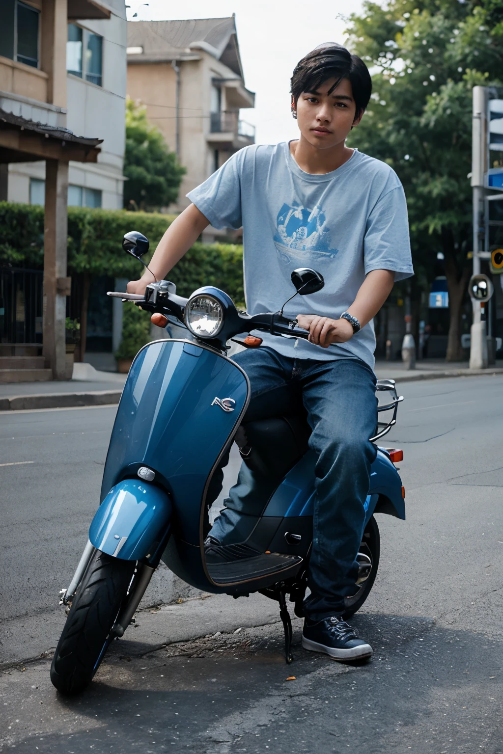 a young boy 18 years old, black hair, asian, wear blue old jean, on his scooter "ARYA"