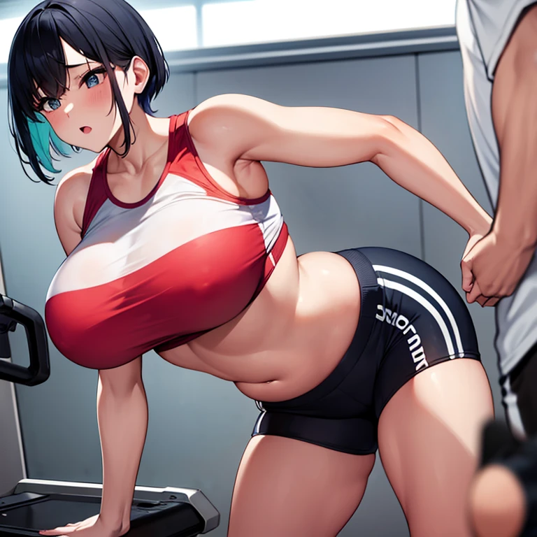 Beautiful plump girlfriend, plump breasts, beautiful colorful short hair, muscular, tall, gym outfit, exercise, boyfriend help her