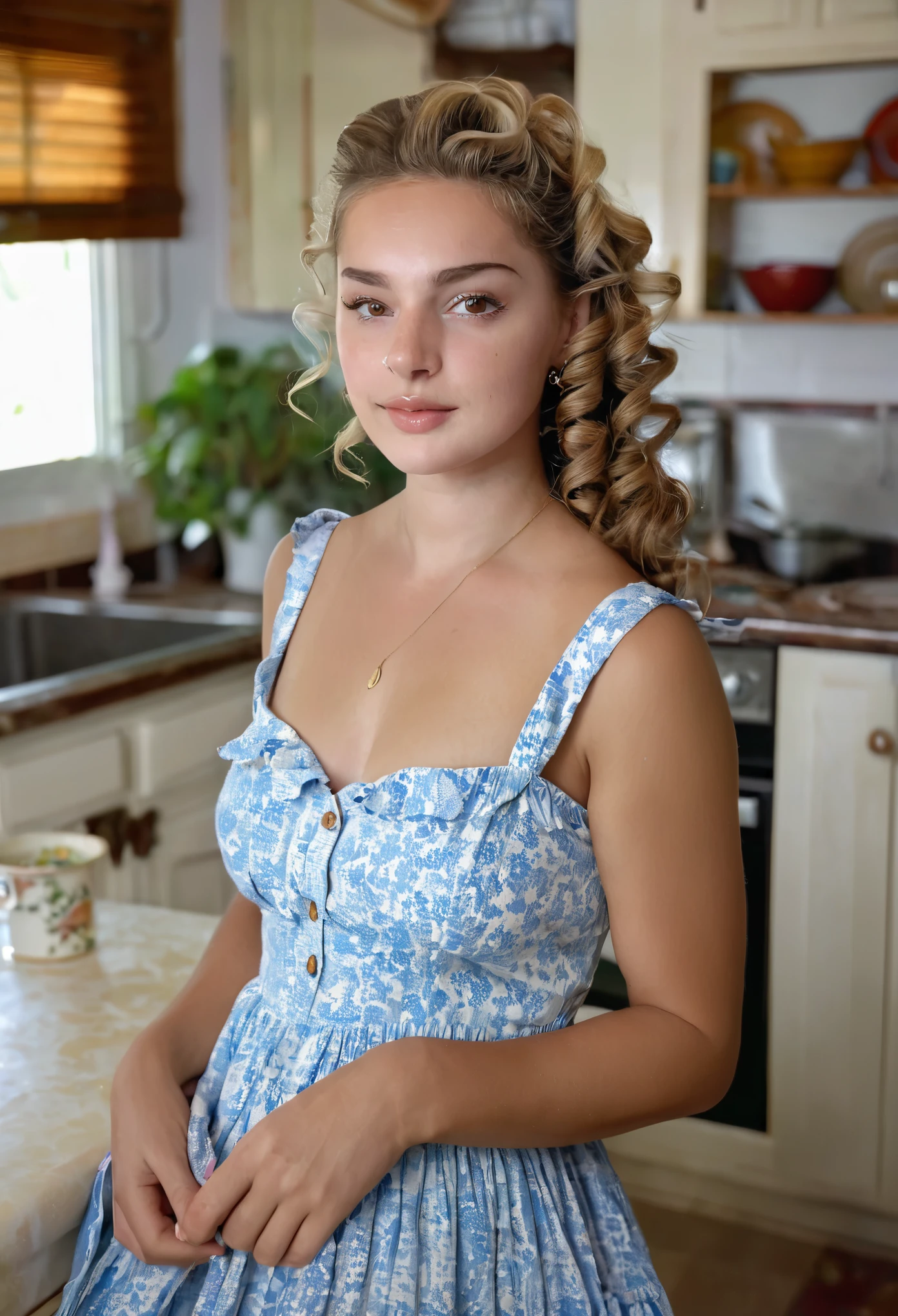 GinaBanini, 19yo sexy woman, tradwife, cotton sundress, cotton dress, detailed long curly brunette hair, young woman, adult woman, beautiful woman, beautiful eyes, sexy woman, gorgeous woman, interior kitchen, soft lighting, traditional housewife, barefoot, 1950s values, blonde up-do, lovely woman, waiting to make love to you,