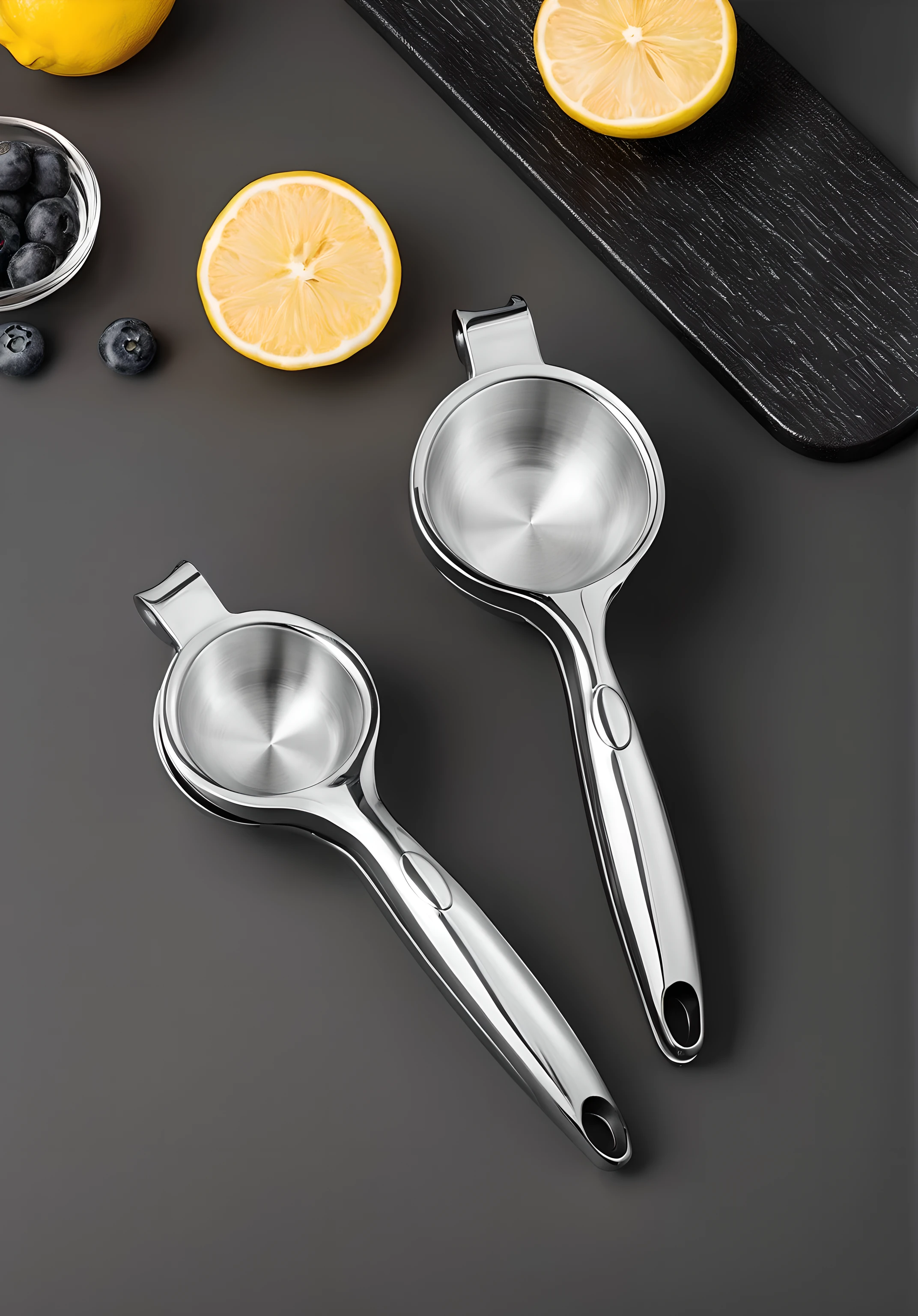 Construct an image highlighting the interplay of light and purity in a modern kitchen vignette. The setting focuses on two impeccably crafted stainless steel citrus juicers positioned prominently against a dark, matte black surface, which underscores their radiant, flawless finish. Each juicer gleams with a robust, unblemished sheen, reflecting the environment with high gloss that accentuates their sleek, curved handles and the deep, round bowls designed for efficient juice extraction.
The juicers' stainless steel is polished to perfection, exhibiting an almost liquid-like metallic luster that is entirely free of imperfections. This reflective quality is so pronounced that it captures the silhouettes of surrounding objects in its surface, adding depth and dimension to the image.
Flanking these pristine tools of culinary art are elements of natural zest: to the left, a lemon, sliced to reveal its bright, juicy interior, and a small transparent bowl cradling plump blueberries, their rich color providing a subtle contrast. To the right, a textured black wooden serving board is the backdrop for another halved lemon, its vivid hue juxtaposed with the board's dark fibers.
The overall scene exudes cleanliness and a sterile atmosphere, with every component—from the metallic tools to the organic produce—appearing spotless, untarnished by smudges, fingerprints, or any signs of wear. The lighting is strategically placed to enhance the metallic glow and cast a soft illumination that further emphasizes the purity and polished aesthetics of this culinary tableau.