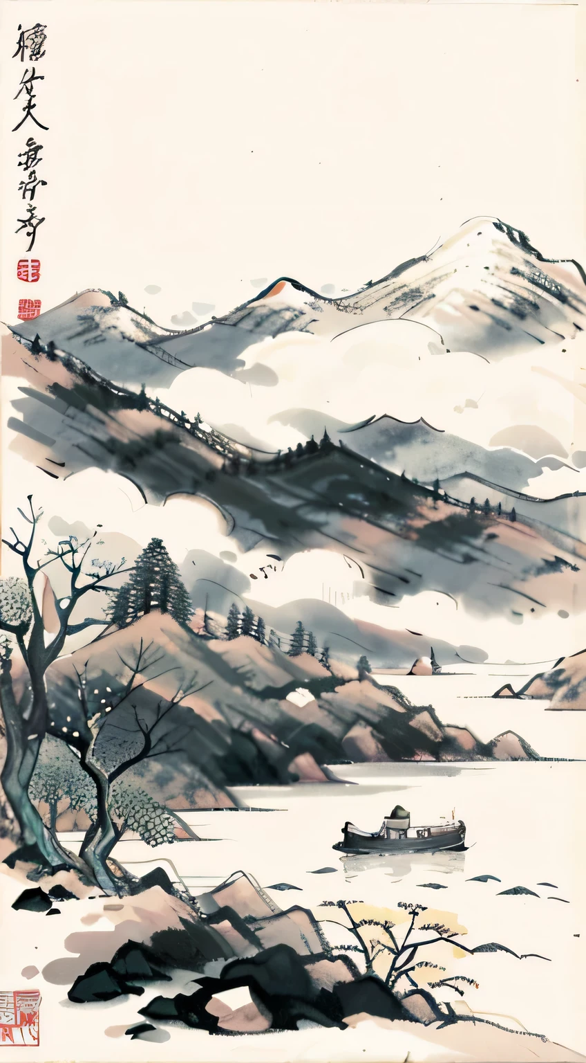 Chinese ink painting，（Large area Leave blank：1,5）Light，high profile，winter，snow mountain，sunny，distant mountains，Great Lake，small boat。lake surface。snow scene，minimalist，Abstract Expressionism，Delicate brush texture，No words，cloud，（Heavy fog），Leave blank，Plum blossoms，light blue，No room，